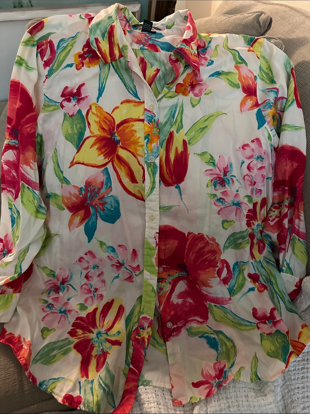 Ralph Lauren White Button-Up Shirt with Multicolor Floral Print L